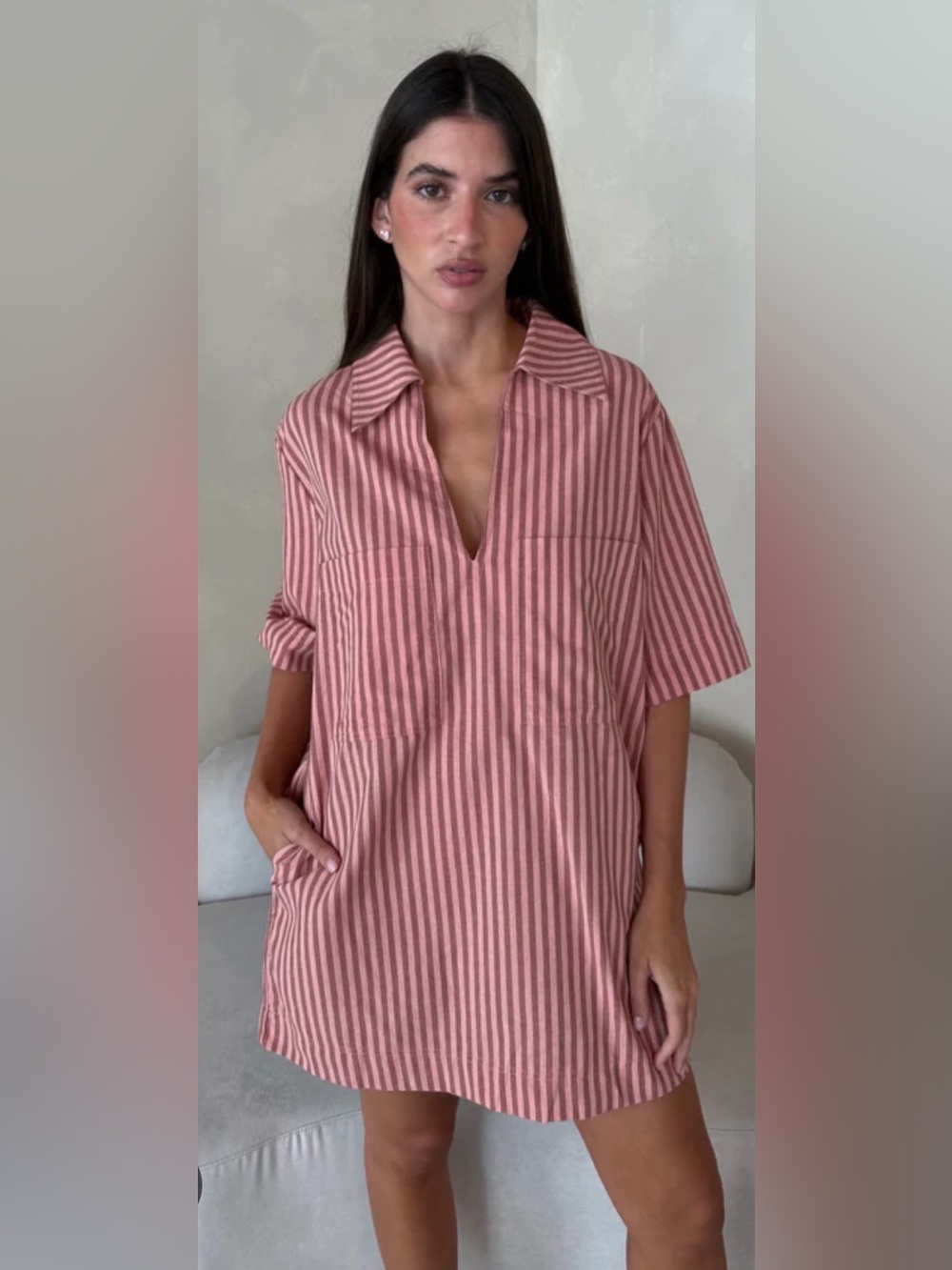 Olivaceous Mauve and Light Pink Striped Collared shift Dress
